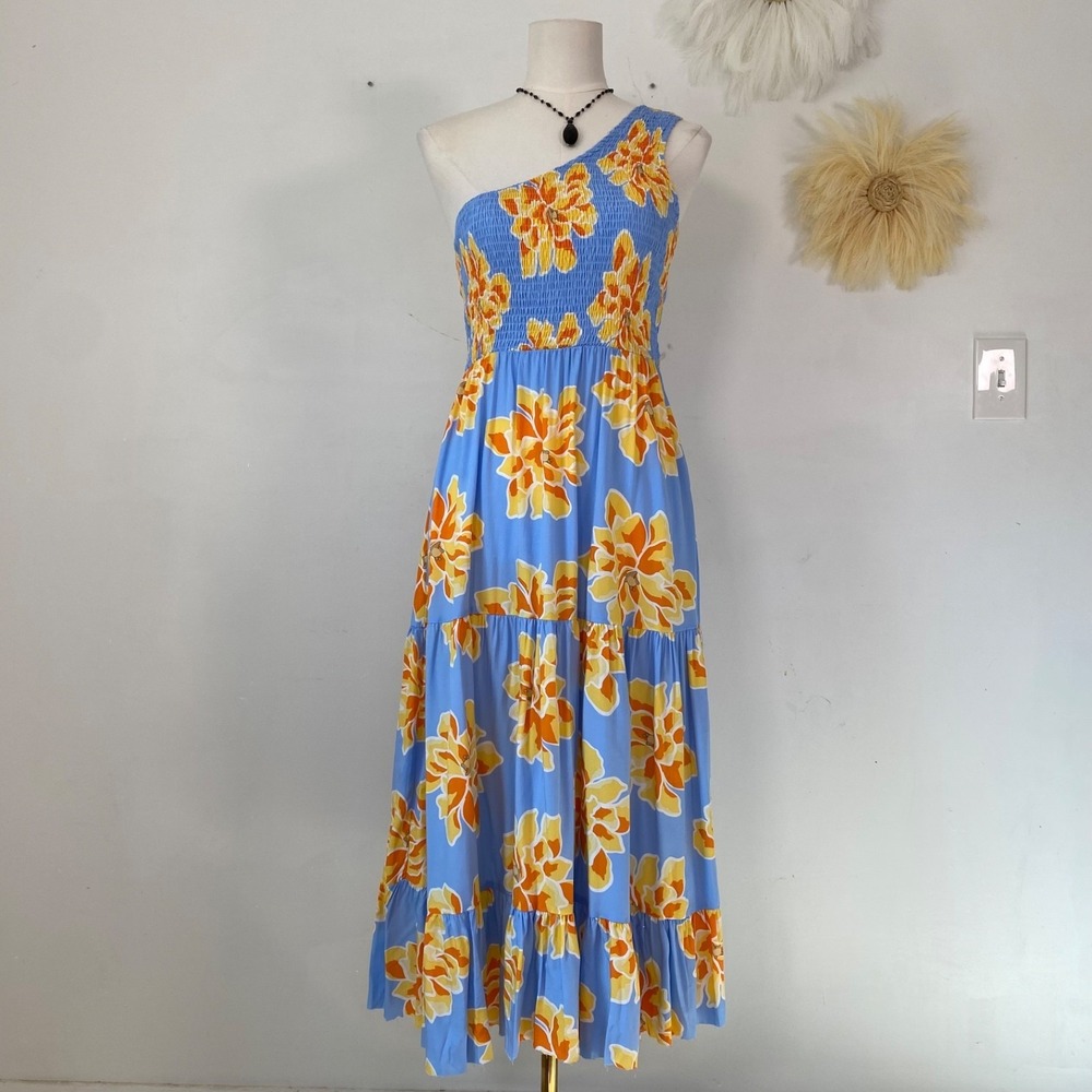 Abel The Label Anthropologie Women Tiered Midi Dress Size M One Shoulder Vibrant